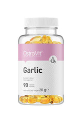 OstroVit Garlic supplement bottle with 90 capsules, promoting health benefits of garlic, Allium sativum.