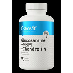 OstroVit Glucosamine + MSM + Chondroitin supplement bottle with 90 tablets for joint health support.