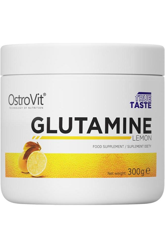 OstroVit Glutamine Lemon food supplement container design, 300g, supports recovery and immune function.