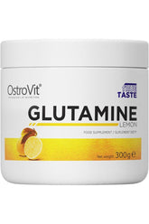 OstroVit Glutamine Lemon food supplement container design, 300g, supports recovery and immune function.