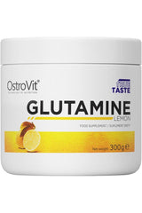 OstroVit Glutamine Lemon food supplement container design, 300g, supports recovery and immune function.