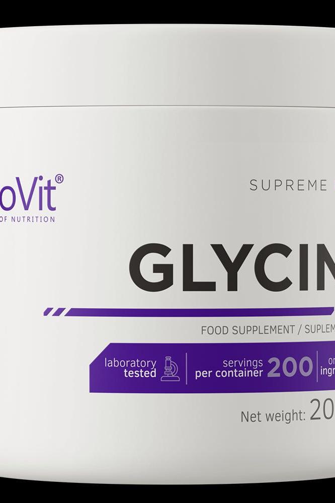 OstroVit Glycine Supreme Pure supplement container, 200g, featuring laboratory tested and pure L-glycine. OstroVit Glycine Supreme Pure supplement container, 200g, featuring laboratory tested and pure L-glycine.