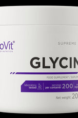 OstroVit Glycine Supreme Pure supplement container, 200g, featuring laboratory tested and pure L-glycine.
