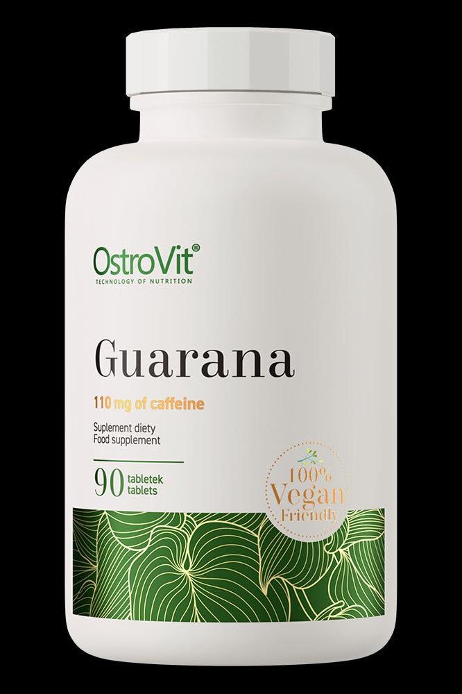 OstroVit Guarana dietary supplement bottle with 90 vegan tablets and 110 mg caffeine per tablet.