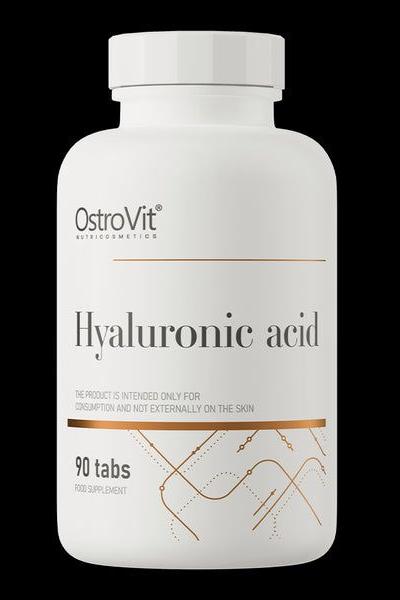 OstroVit Hyaluronic Acid supplement bottle with 90 tablets for hydration and cellular support.