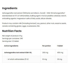 OstroVit KSM-66 Ashwagandha ingredients and nutrition facts, highlighting active ingredients per serving.