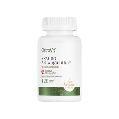 OstroVit KSM-66 Ashwagandha supplement bottle with 120 vegan tablets for improved well-being and vitality.