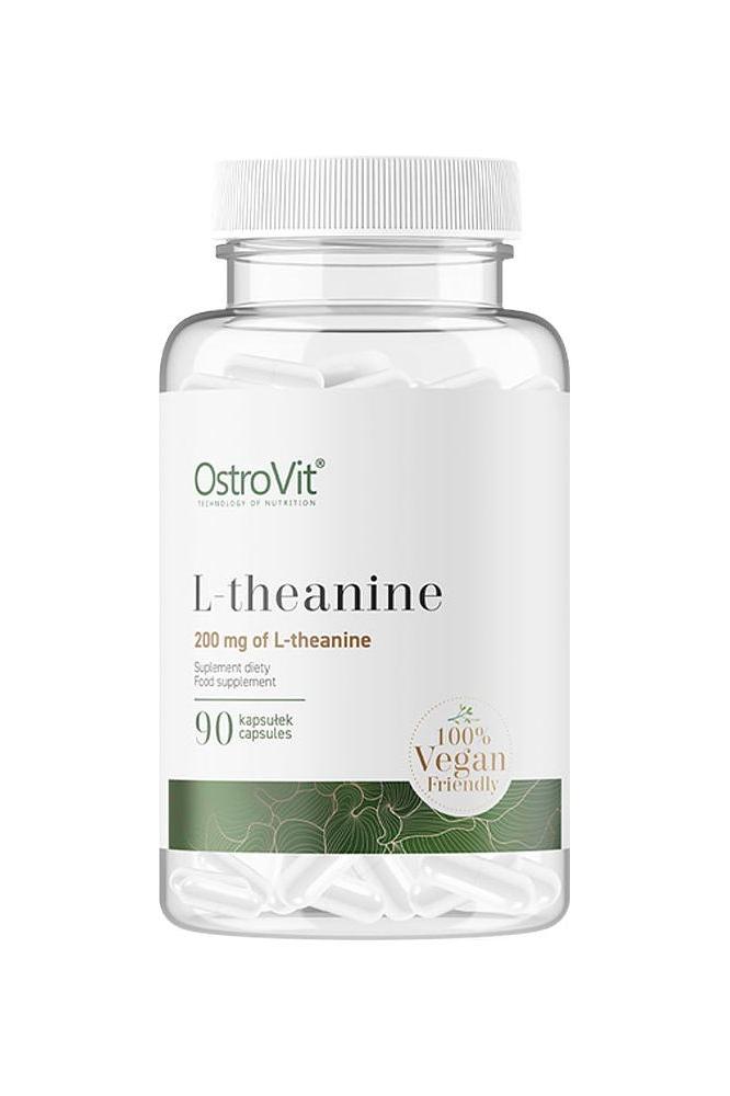 OstroVit L-Theanine supplement bottle with 200 mg of L-theanine in vegan capsules, 90 count.