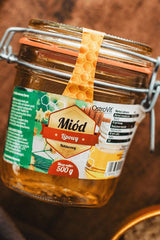 OstroVit Linden Honey jar, 500 g, showcasing natural and tasty honey for meals, without additives or preservatives.