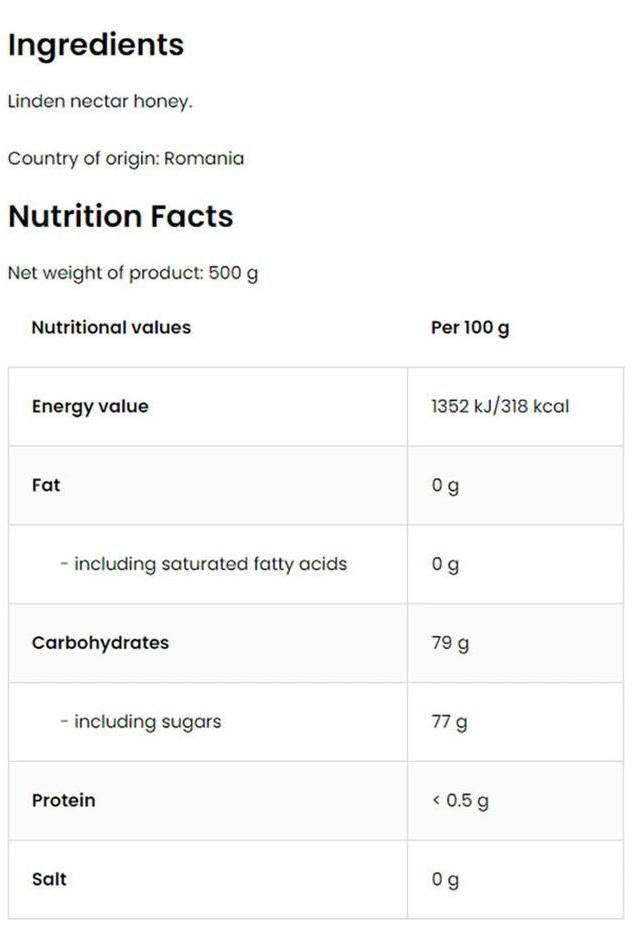Nutrition facts and ingredients for OstroVit Linden Honey, 500 g, from Romania. Nutrition facts and ingredients for OstroVit Linden Honey, 500 g, from Romania.