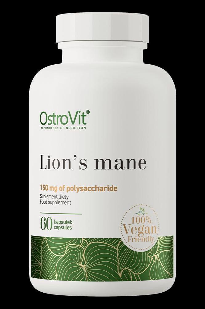 OstroVit Lion's Mane vegan capsules bottle with 150 mg polysaccharides, 60 vcaps for dietary supplement.