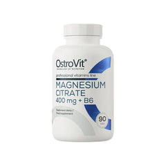 OstroVit Magnesium Citrate 400 mg + B6 supplement bottle with 90 tablets for muscle and bone support.