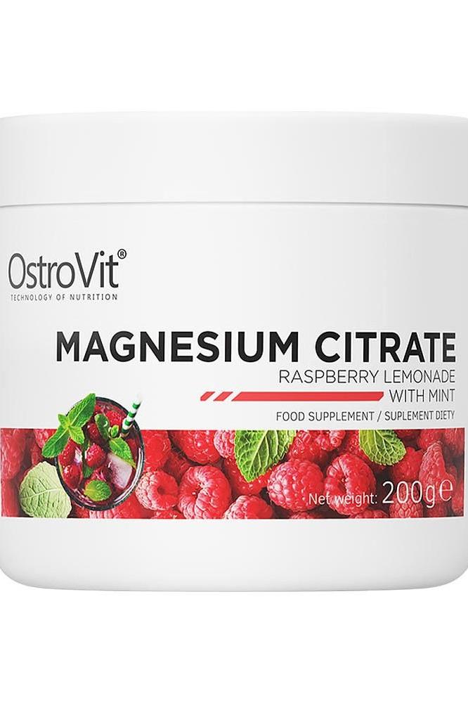 OstroVit Magnesium Citrate 200g in raspberry lemonade flavor with mint for muscle and energy support.