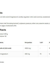 Nutritional information for OstroVit Magnesium Citrate supplement, including ingredients and portion details.