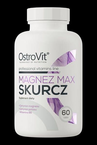 OstroVit Magnesium Max Cramp supplement bottle with 60 tablets for muscle health, featuring magnesium, potassium, and vitamin B6.