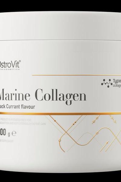 OstroVit Marine Collagen in Black Currant flavor, 200g container for improved skin elasticity and health.