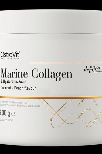 OstroVit Marine Collagen & Hyaluronic Acid Coconut Peach flavor supplement 200g packaging.