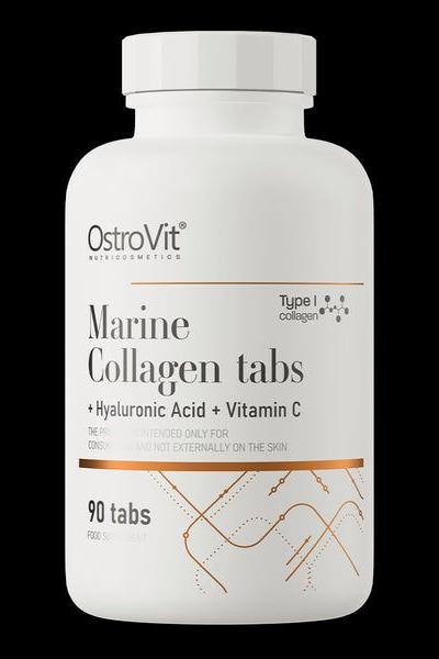 OstroVit Marine Collagen tabs with Hyaluronic Acid and Vitamin C, 90 tablets for skin elasticity and joint support.