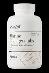 OstroVit Marine Collagen tabs with Hyaluronic Acid and Vitamin C, 90 tablets for skin elasticity and joint support.