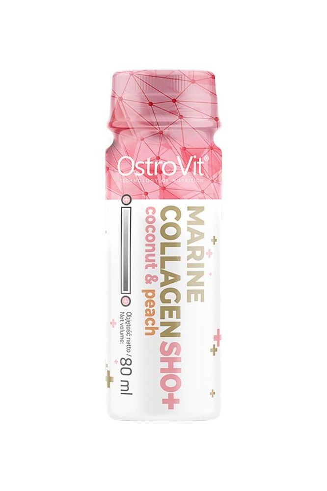 OstroVit Marine Collagen Shot in Coconut & Peach flavor, 80 ml, enriched with collagen peptides, hyaluronic acid, and vitamin C.