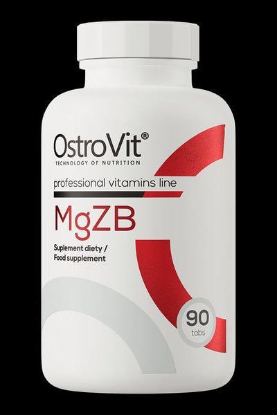 OstroVit MgZB dietary supplement bottle with 90 tablets, featuring magnesium, zinc, and vitamin B6.