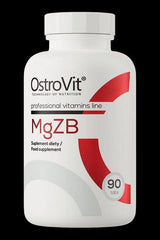 OstroVit MgZB dietary supplement bottle with 90 tablets, featuring magnesium, zinc, and vitamin B6.