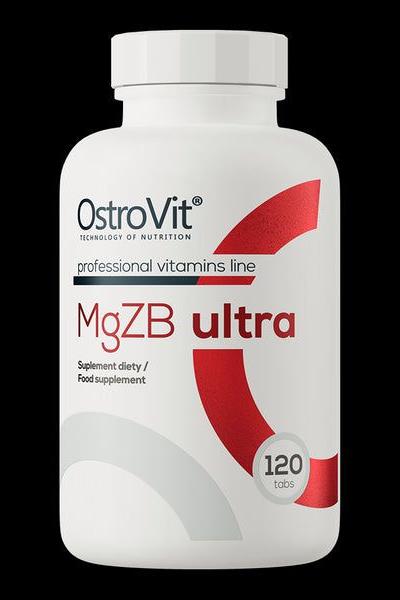 OstroVit MgZB Ultra supplement bottle with 120 tabs, designed for muscle and nerve support.