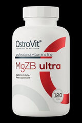OstroVit MgZB Ultra supplement bottle with 120 tabs, designed for muscle and nerve support.