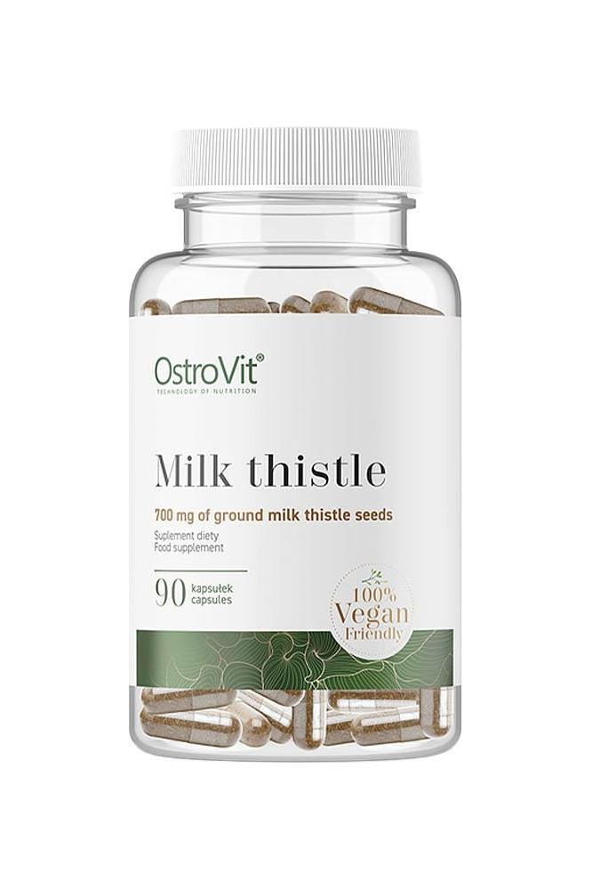 OstroVit Milk Thistle 90 capsules bottle, a vegan dietary supplement with ground milk thistle seeds.
