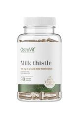 OstroVit Milk Thistle 90 capsules bottle, a vegan dietary supplement with ground milk thistle seeds.