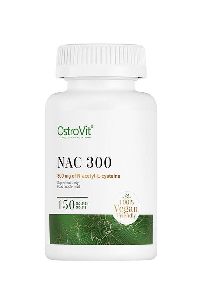 OstroVit NAC 300 mg supplement with 150 tablets, containing N-acetyl-L-cysteine, vegan-friendly.
