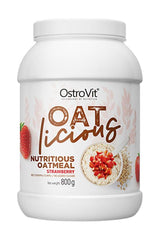 OstroVit OATlicious nutritious oatmeal with strawberry flavor, 800g container showcasing healthy meal option.