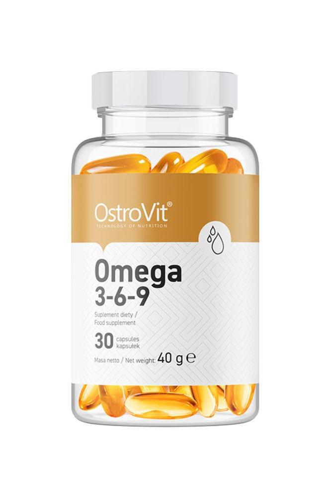 OstroVit Omega 3-6-9 food supplement bottle with 30 capsules for optimal health benefits.