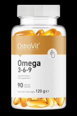 OstroVit Omega 3-6-9 supplement bottle with 90 capsules for healthy cholesterol levels.