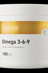 OstroVit Omega 3-6-9 dietary supplement bottle with 180 capsules for heart health support.