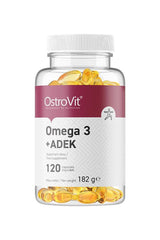 OstroVit Omega 3 + ADEK supplement bottle with 120 capsules, supports immune health and skin.