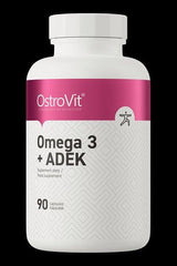 OstroVit Omega 3 + ADEK supplement bottle with 90 easy-to-swallow capsules for dietary support.