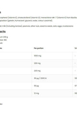 Nutritional information table for OstroVit Omega 3 D3+K2 supplement, including vitamins and minerals per portion.