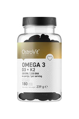 OstroVit Omega 3 D3+K2 supplement bottle featuring 330 EPA and 220 DHA per serving, supporting heart and bone health.
