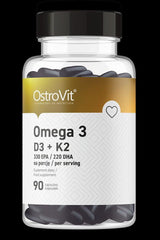 OstroVit Omega 3 D3+K2 supplement bottle with 90 capsules, featuring 330 EPA and 220 DHA per serving.