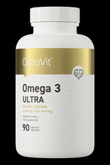 OstroVit Omega 3 Ultra dietary supplement bottle with 90 capsules, containing EPA and DHA for heart and brain support.