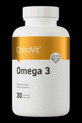 OstroVit Omega 3 dietary supplement bottle with 30 capsules, rich in omega-3 fatty acids for heart and brain health.
