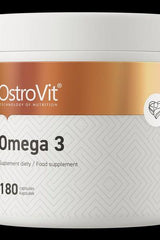 OstroVit Omega 3 dietary supplement, 180 capsules for heart and brain health support.