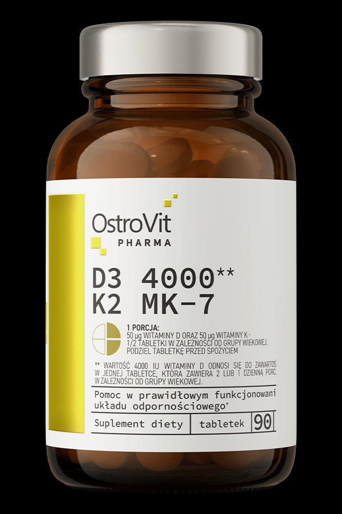 OstroVit Pharma D3 4000 K2 MK-7 dietary supplement, 90 tablets in a brown bottle for immune and bone health. OstroVit Pharma D3 4000 K2 MK-7 dietary supplement, 90 tablets in a brown bottle for immune and bone health.