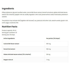 Ingredients and nutrition facts for OstroVit Pharma Digestive Drops, showcasing active components and capacities.