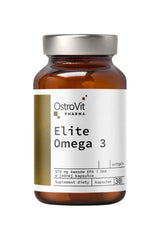 OstroVit Pharma Elite Omega 3 supplement bottle with 30 softgel capsules for heart and brain health.