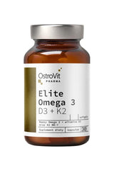 OstroVit Elite Omega 3 D3 + K2 supplement bottle with 30 capsules for heart and brain health.