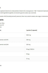 Nutritional facts for OstroVit Pharma Elite Omega 3 D3 + K2, detailing essential fatty acids and vitamins.