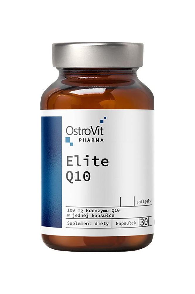 OstroVit Pharma Elite Q10 supplement bottle, 30 capsules, designed to support energy metabolism and cardiovascular health.