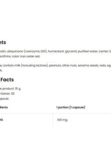 Nutritional information and ingredients for OstroVit Pharma Elite Q10 capsules, highlighting Coenzyme Q10 benefits.